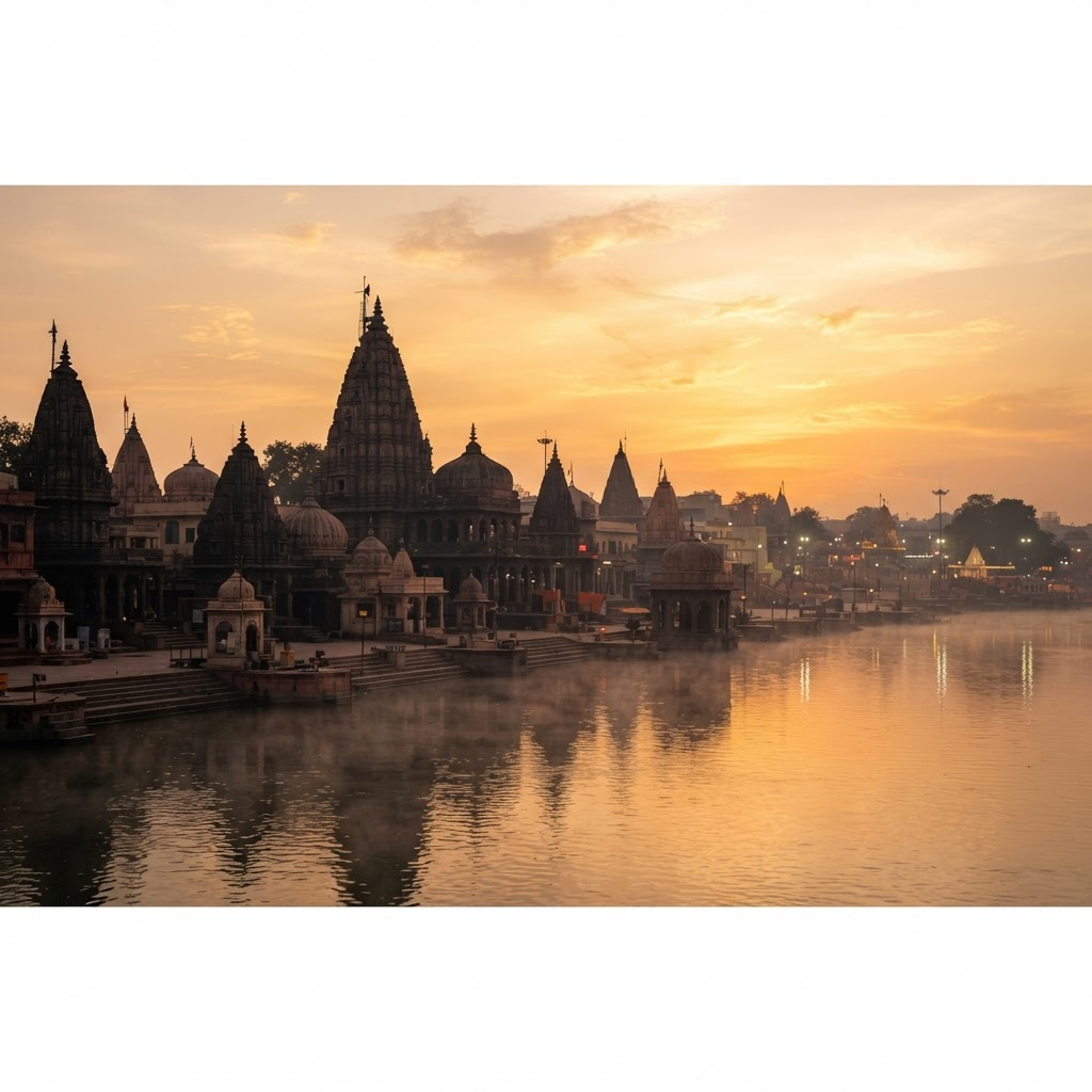 Mahakaleshwar temple and the sacred Shipra river in Ujjain at golden hour