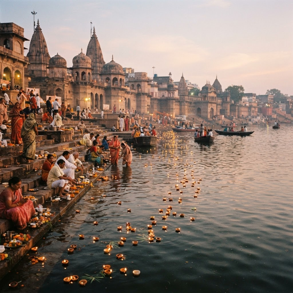 Diya lamps floating on the sacred Shipra river ghats at dawn in Ujjain
